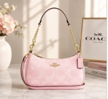 Coach Pink Signature Shoulder Bag with Gold Chain Strap – Women's Handbag