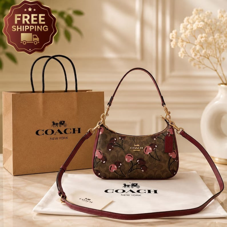 Coach Cherry Print Signature Shoulder Bag – Brown & Burgundy