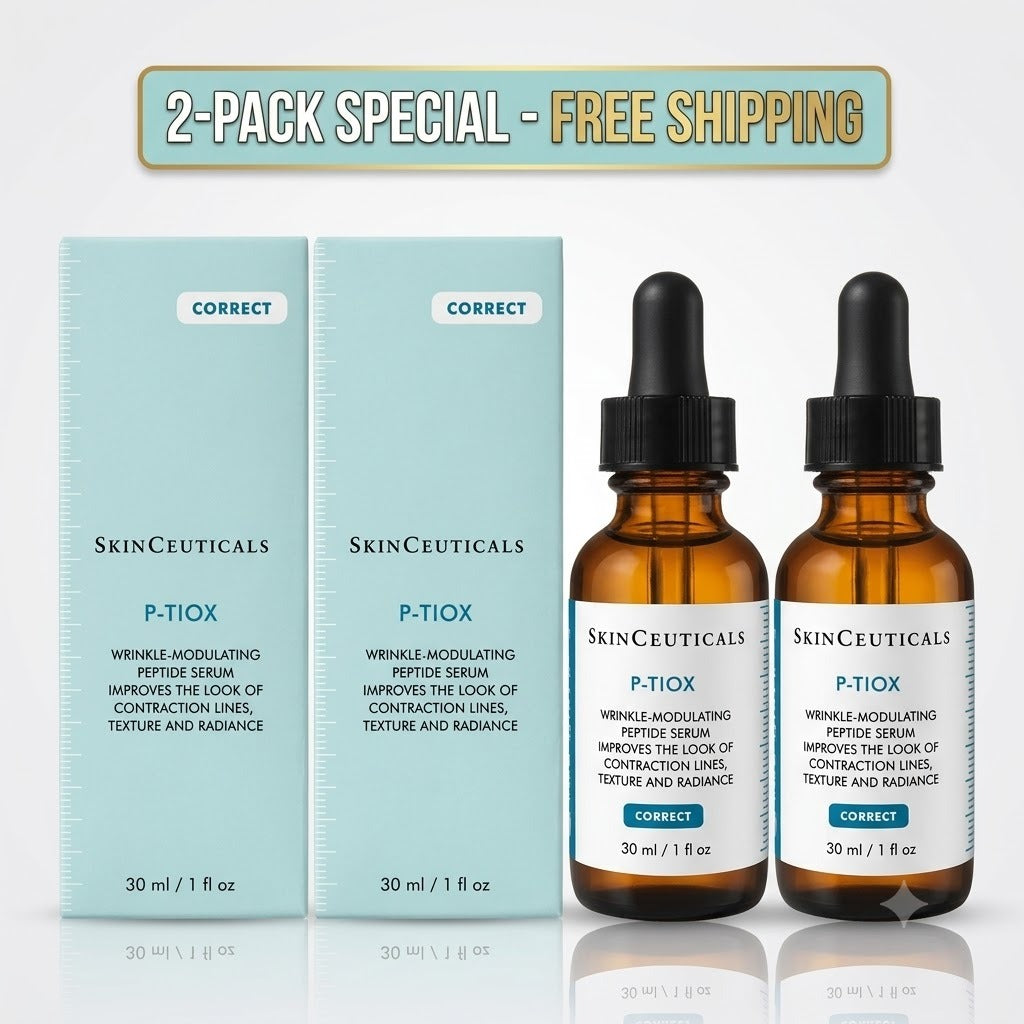 Two bottles of SkinCeuticals P-Tiox serum with packaging on a light blue background.