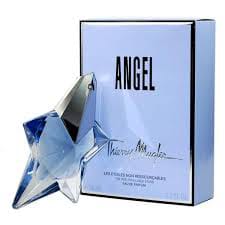 Thierry Mugler Angel Eau de Parfum bottle and its signature light blue star-shaped box, shown on a clean white background.