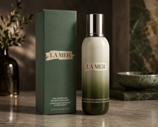 La Mer The Hydrating Infused Emulsion bottle with a silver cap next to its dark green box, set on a polished stone surface with a blurred warm-toned background.