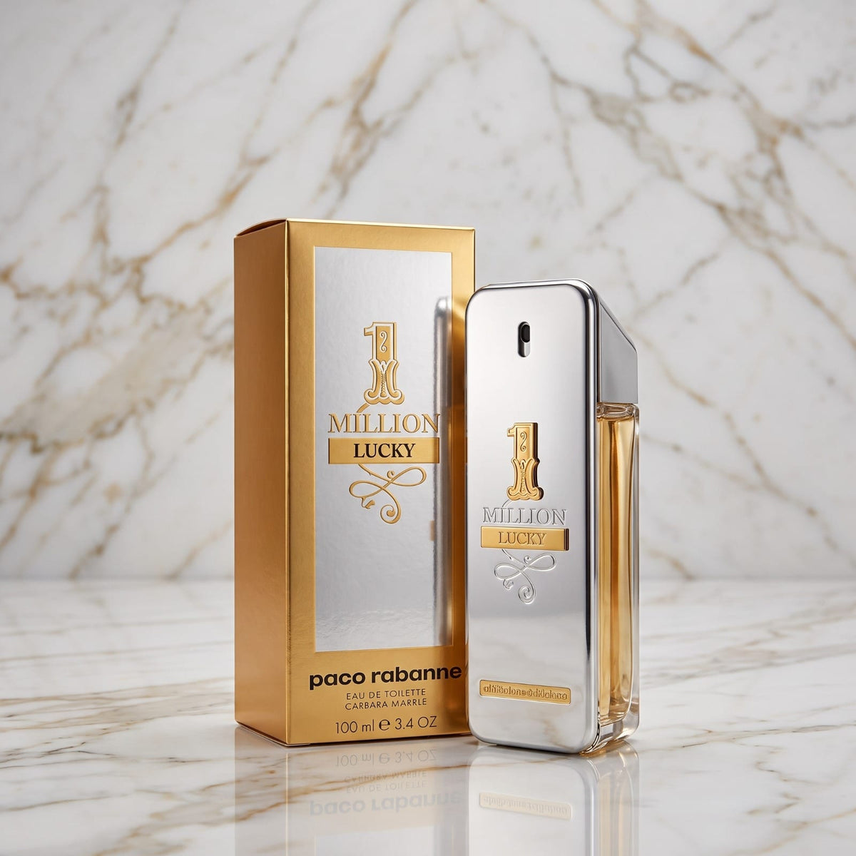 Paco Rabanne 1 Million Lucky Eau de Parfum shown with its metallic gold and silver box next to the silver rectangular perfume bottle, set on a reflective marble surface against a marble wall.