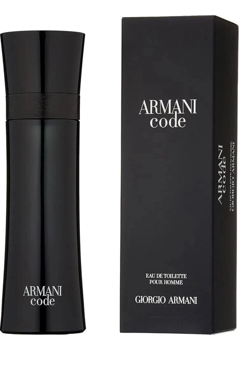 Armani Code Eau de Toilette bottle in black next to its black packaging box, featuring silver lettering and the Giorgio Armani brand name.