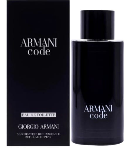 Giorgio Armani Code Eau de Toilette refillable spray bottle and its black packaging box, featuring silver lettering on a white background.