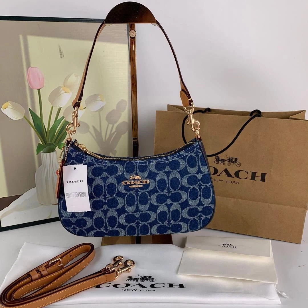 COACH Signature Denim Shoulder Bag for Women – Blue Monogram Hobo Bag with Gold-Tone Hardware