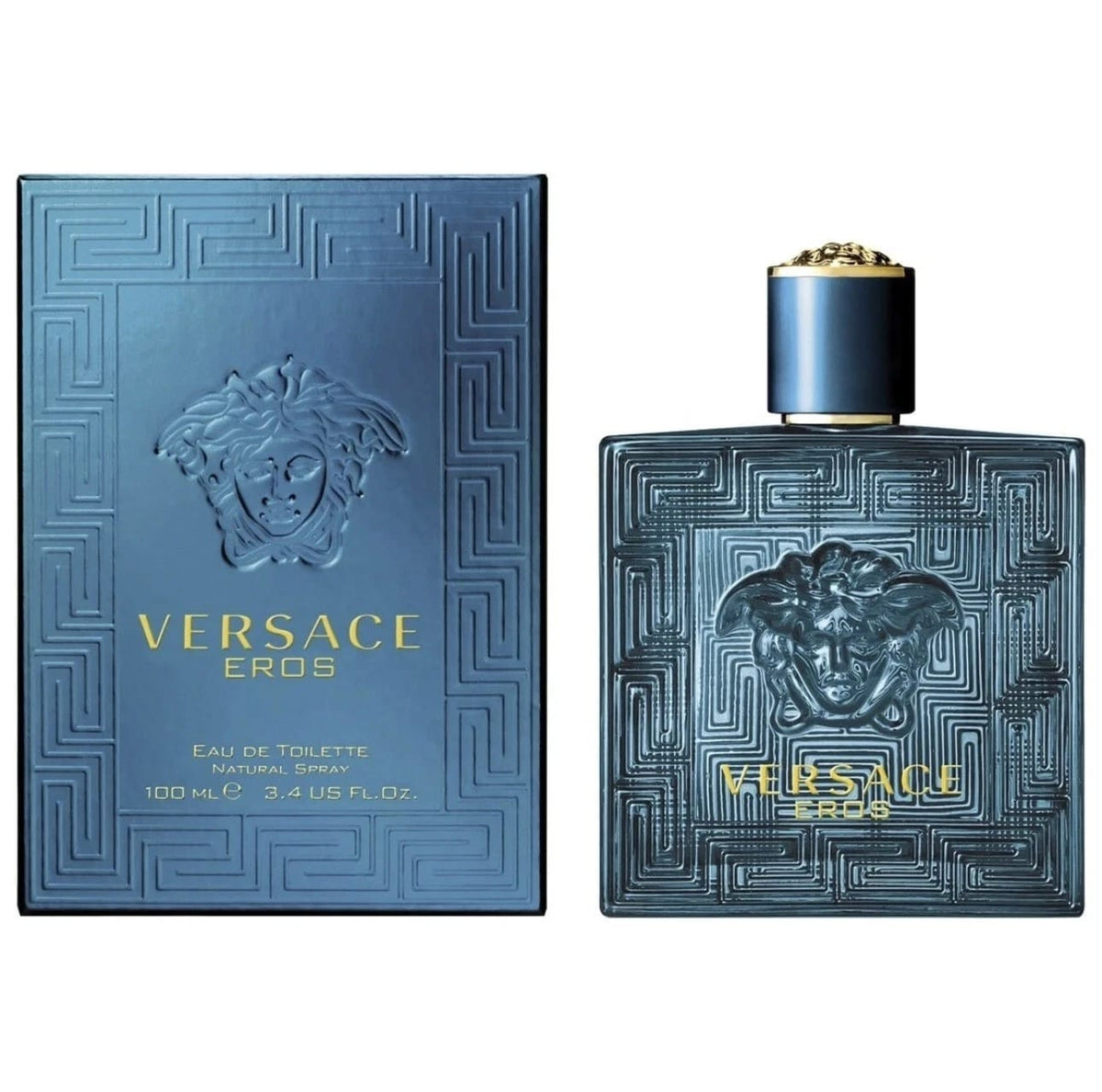 Versace Eros Eau de Toilette bottle and its packaging box, both in a metallic blue-gray color with gold lettering and a Medusa emblem, on a white background.